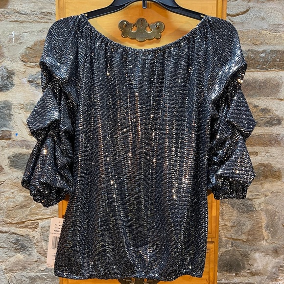 New MSK Black and Silver Sequined Ruffle Sleeve Top - Picture 2 of 2